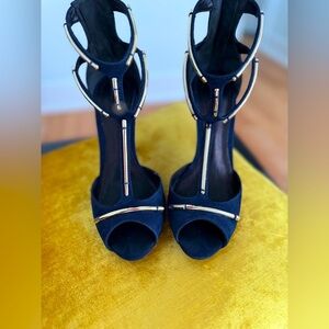 Schutz Sandalia Salto Alto Nobuck Sailfish heels navy/gold size 8 with box
